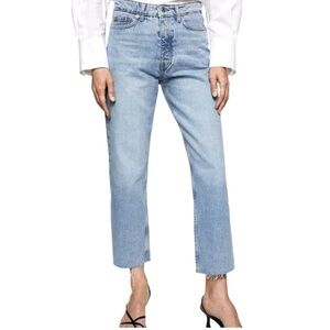 Mango MNG Denim Sz 10 Havana Buttonfly Jean Crop Straight Acid-wash High-rise